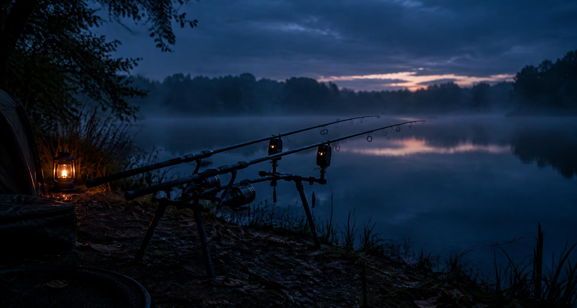 Ribolovni štapovi uz jezero u sumrak
